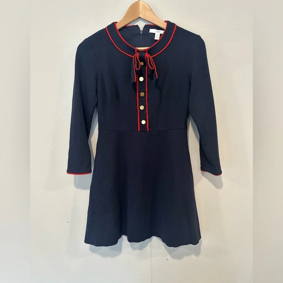 1901 Navy blue red bow a line fit flare long sleeve dress size 4P preppy 1096 - Picture 3 of 11